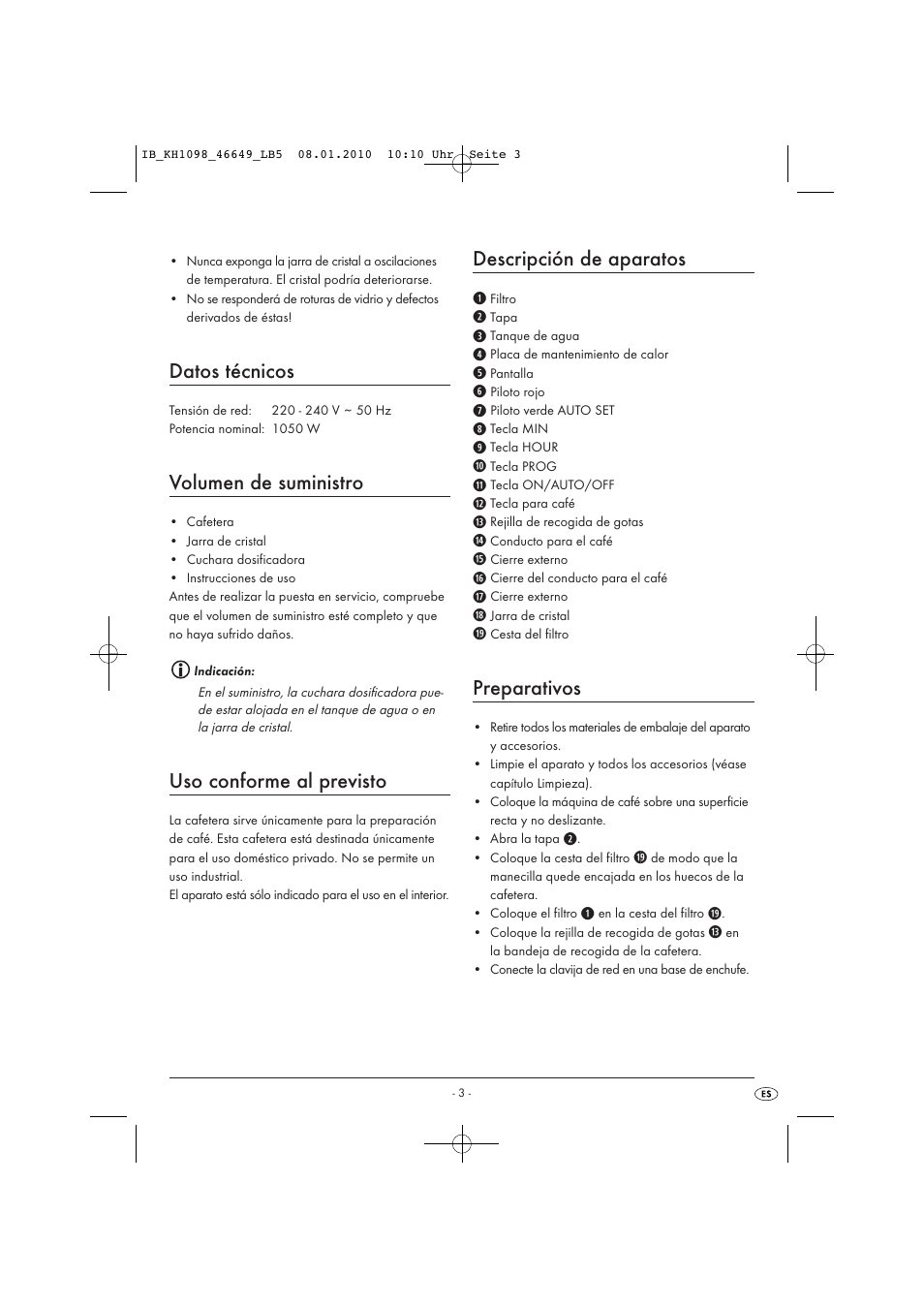 Datos técnicos, Volumen de suministro, Uso conforme al previsto | Descripción de aparatos, Preparativos | Silvercrest KH 1098 User Manual | Page 5 / 42