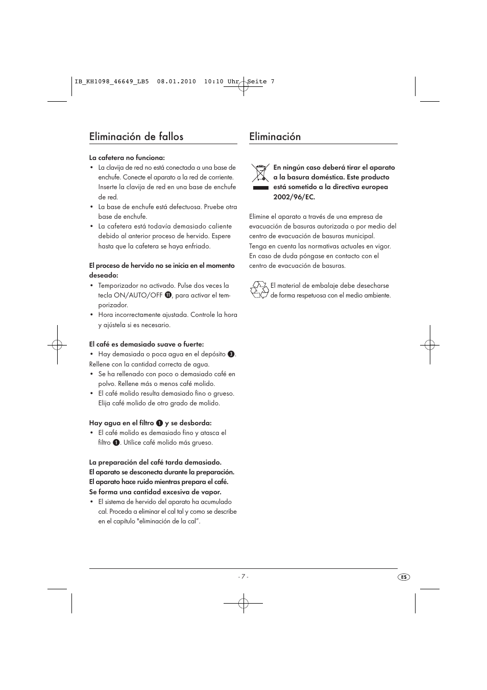 Eliminación de fallos, Eliminación | Silvercrest KH 1098 User Manual | Page 9 / 42