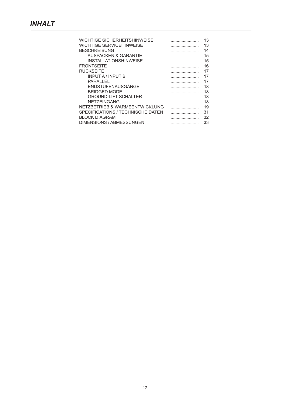 Inhalt | Dynacord CL 800 User Manual | Page 12 / 36