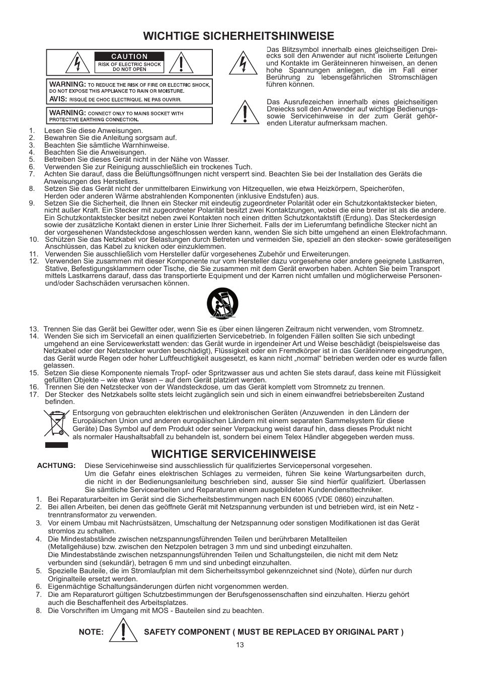 Wichtige sicherheitshinweise, Wichtige servicehinweise | Dynacord CL 800 User Manual | Page 13 / 36