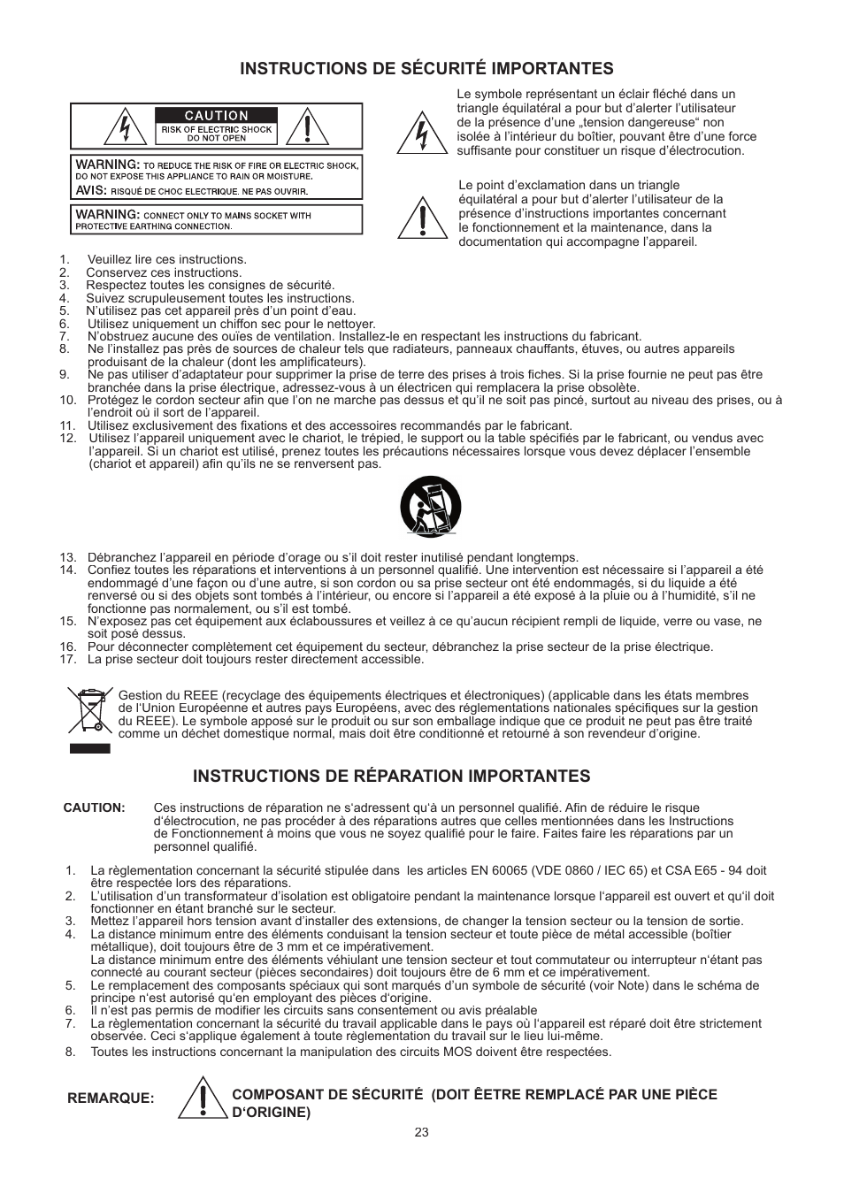 Instructions de sécurité importantes, Instructions de réparation importantes | Dynacord CL 800 User Manual | Page 23 / 36