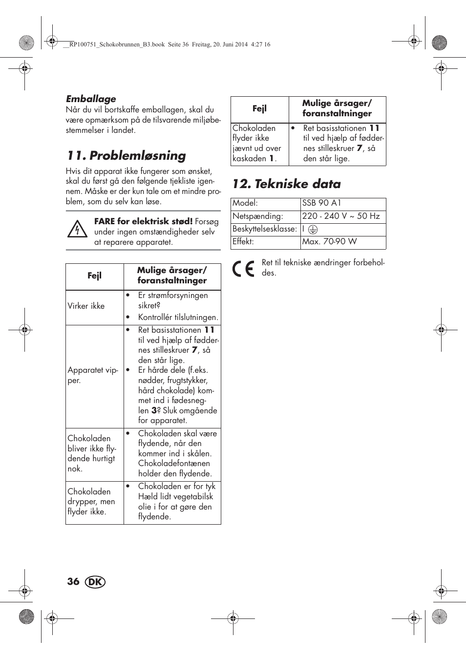 Problemløsning, Tekniske data | Silvercrest SSB 90 A1 User Manual | Page 38 / 74