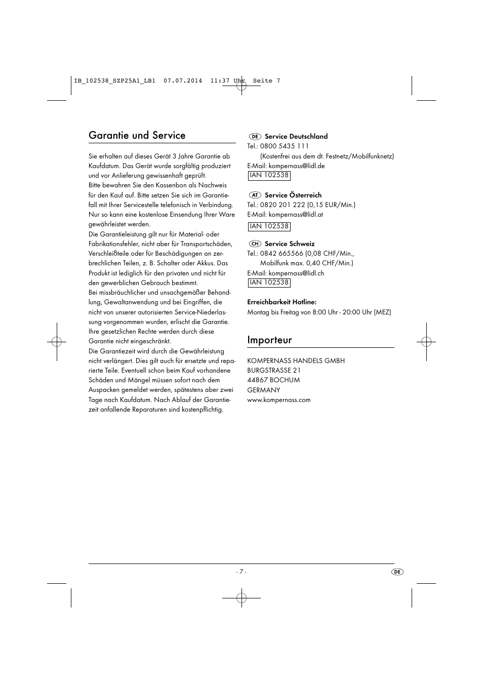 Garantie und service, Importeur | Silvercrest SZP 25 A1 User Manual | Page 10 / 35