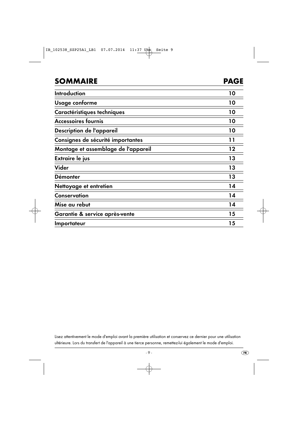 Sommaire page | Silvercrest SZP 25 A1 User Manual | Page 12 / 35