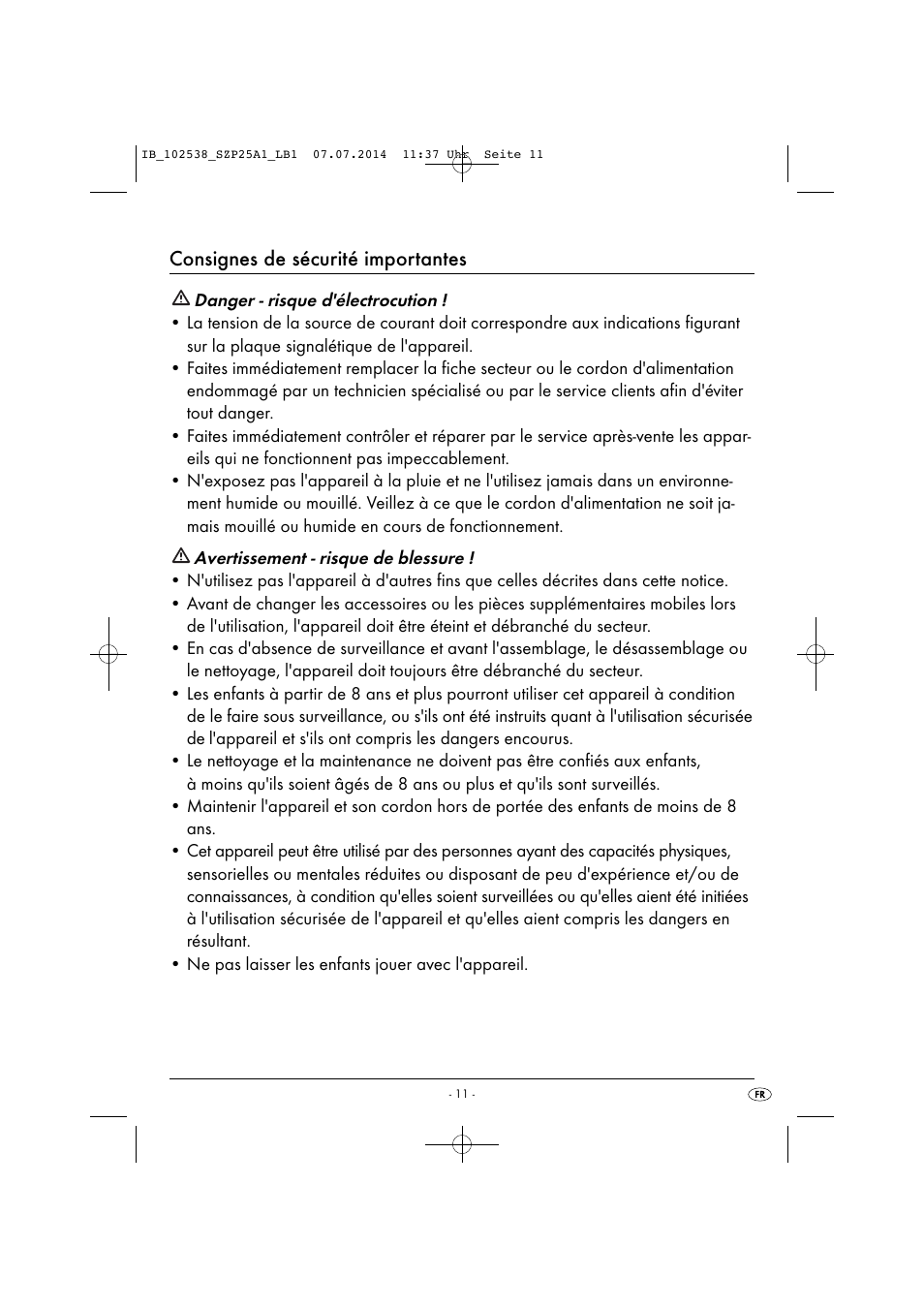 Consignes de sécurité importantes | Silvercrest SZP 25 A1 User Manual | Page 14 / 35