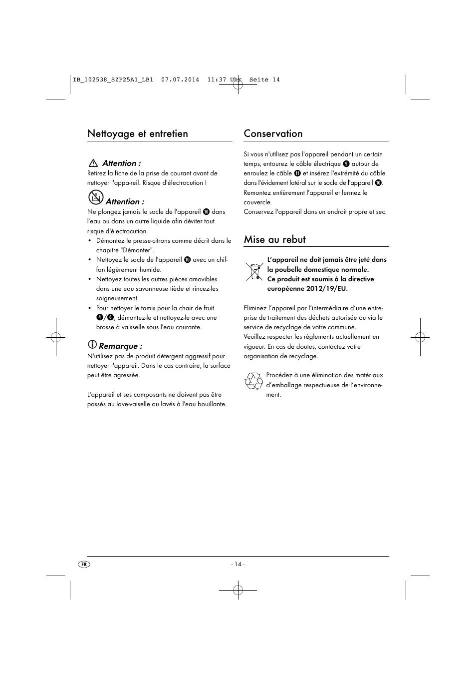 Nettoyage et entretien, Conservation, Mise au rebut | Silvercrest SZP 25 A1 User Manual | Page 17 / 35