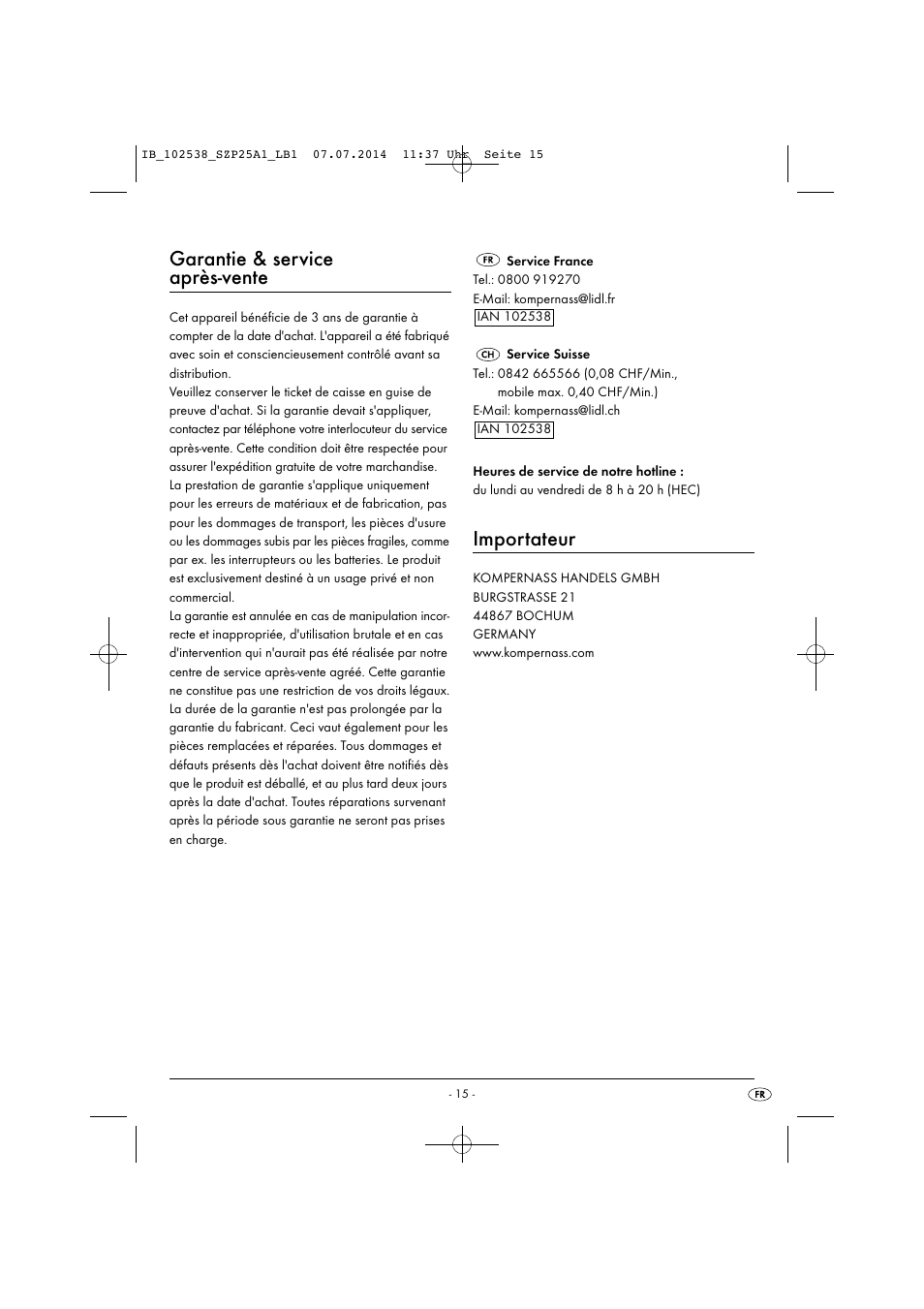 Garantie & service après-vente, Importateur | Silvercrest SZP 25 A1 User Manual | Page 18 / 35