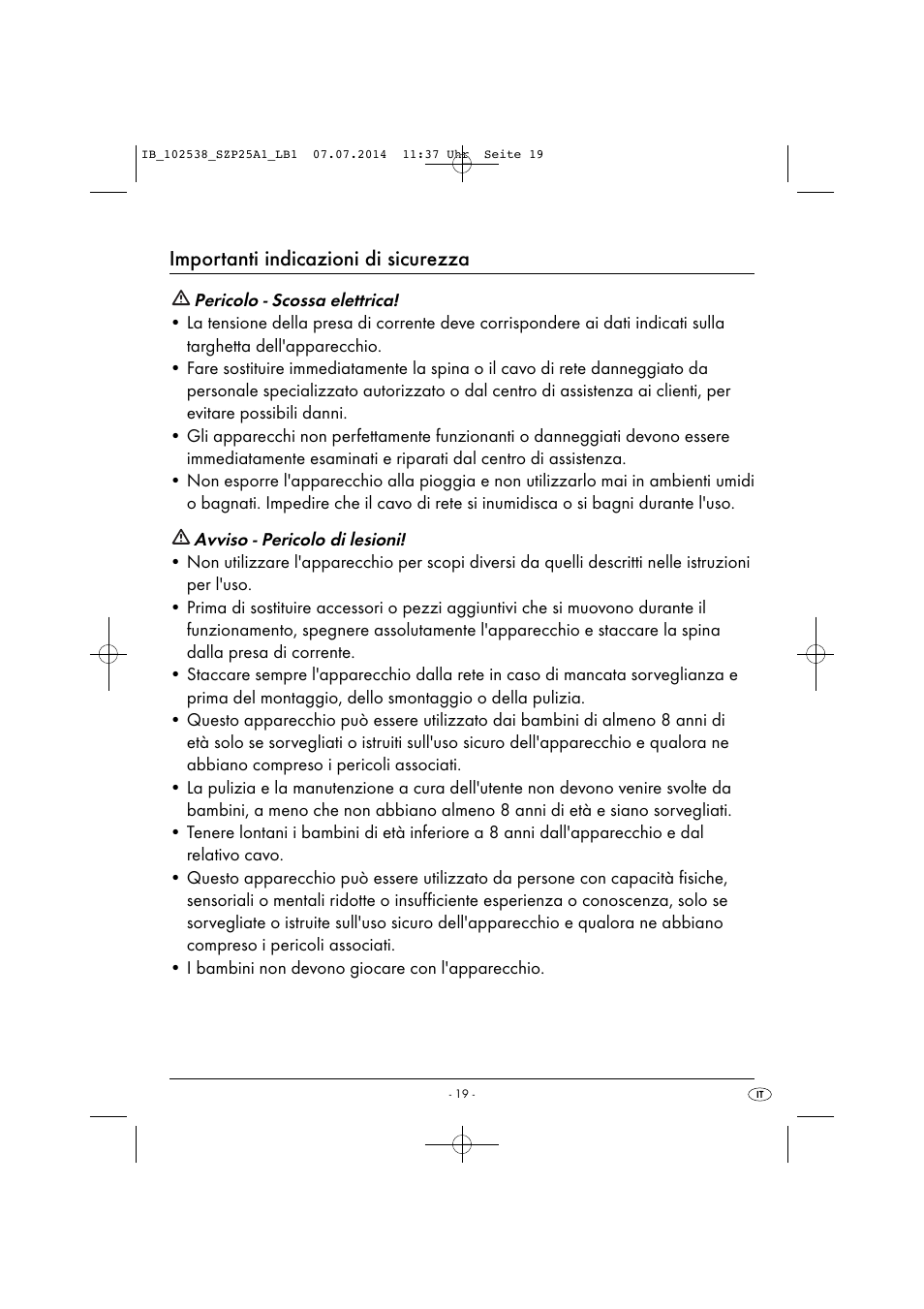 Importanti indicazioni di sicurezza | Silvercrest SZP 25 A1 User Manual | Page 22 / 35