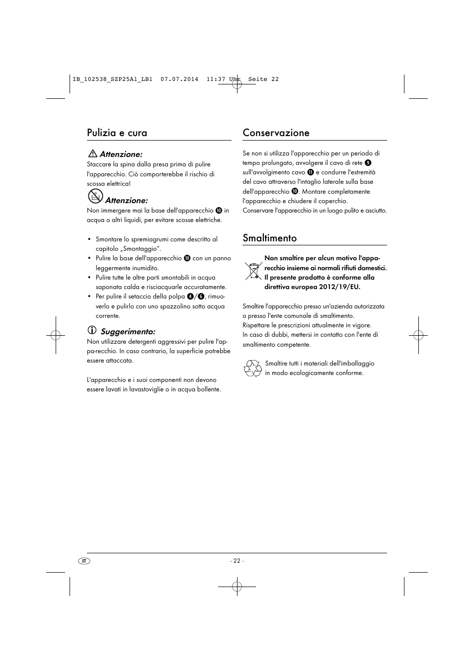 Pulizia e cura, Conservazione, Smaltimento | Silvercrest SZP 25 A1 User Manual | Page 25 / 35