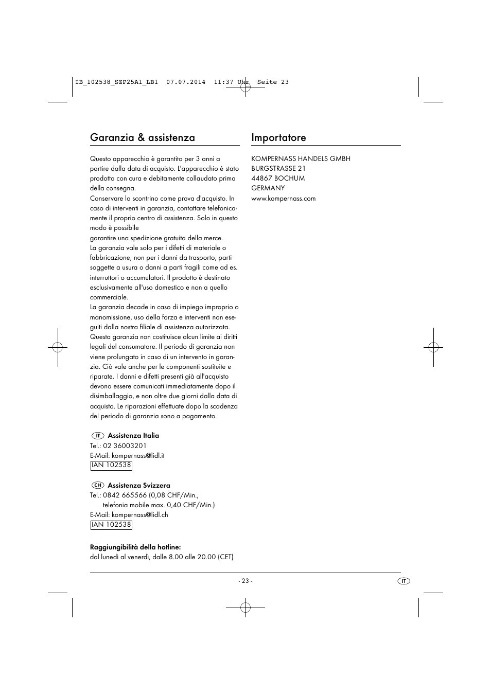 Garanzia & assistenza, Importatore | Silvercrest SZP 25 A1 User Manual | Page 26 / 35