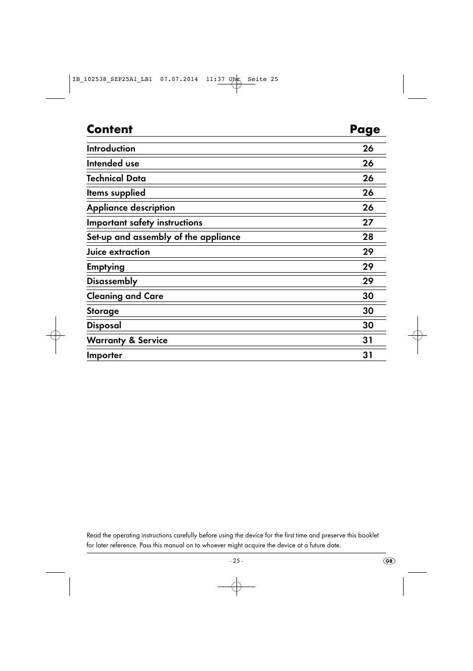 Content page | Silvercrest SZP 25 A1 User Manual | Page 28 / 35