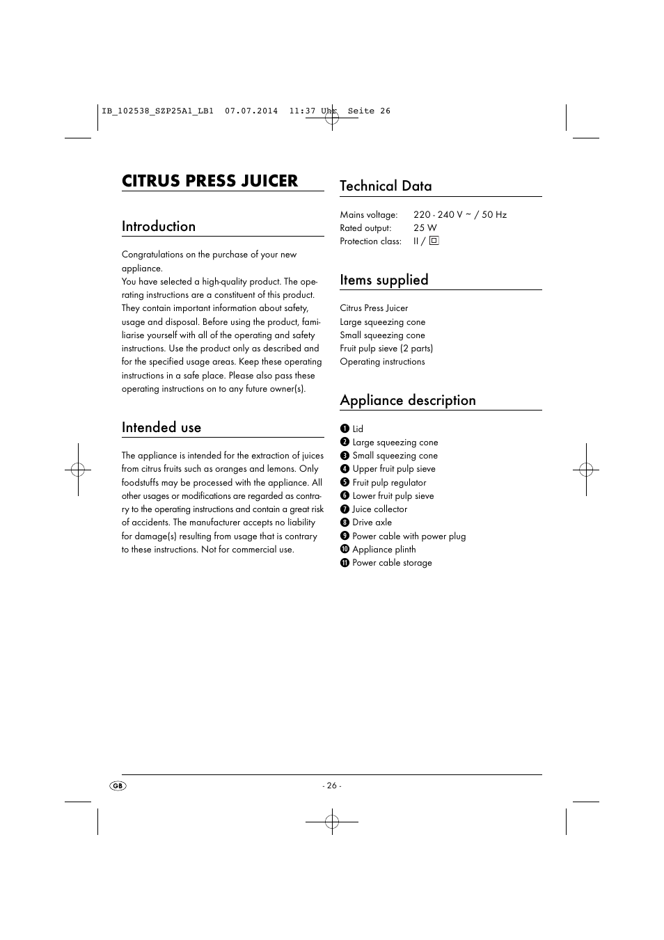 Citrus press juicer, Introduction, Intended use | Technical data, Items supplied, Appliance description | Silvercrest SZP 25 A1 User Manual | Page 29 / 35
