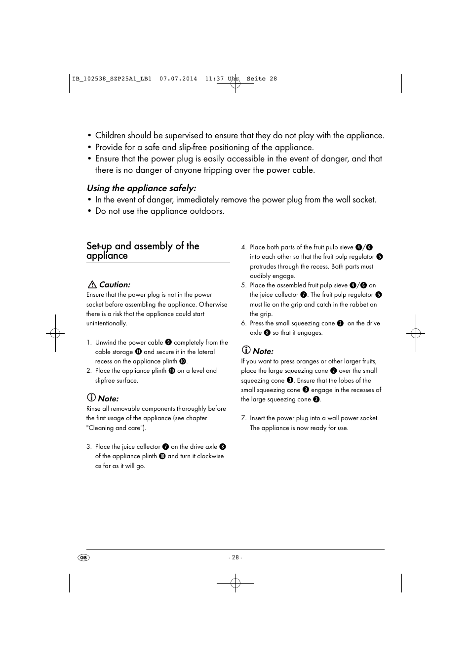 Set-up and assembly of the appliance | Silvercrest SZP 25 A1 User Manual | Page 31 / 35