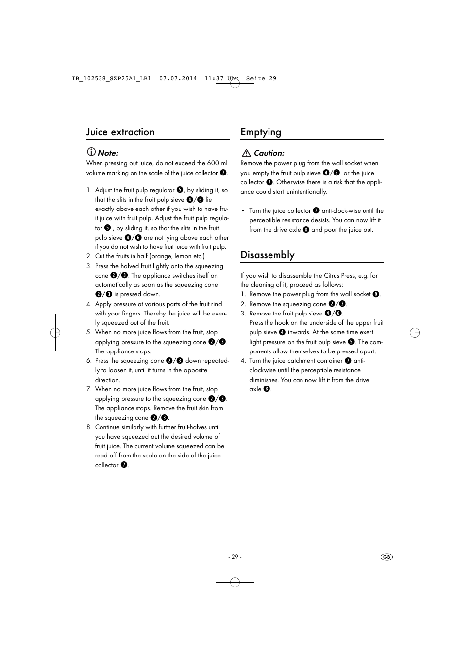 Juice extraction, Emptying, Disassembly | Silvercrest SZP 25 A1 User Manual | Page 32 / 35