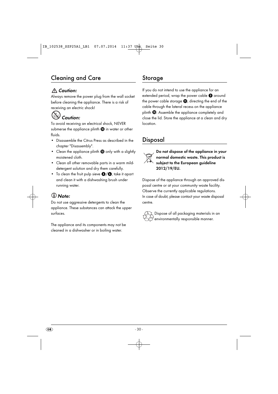 Cleaning and care, Storage, Disposal | Silvercrest SZP 25 A1 User Manual | Page 33 / 35