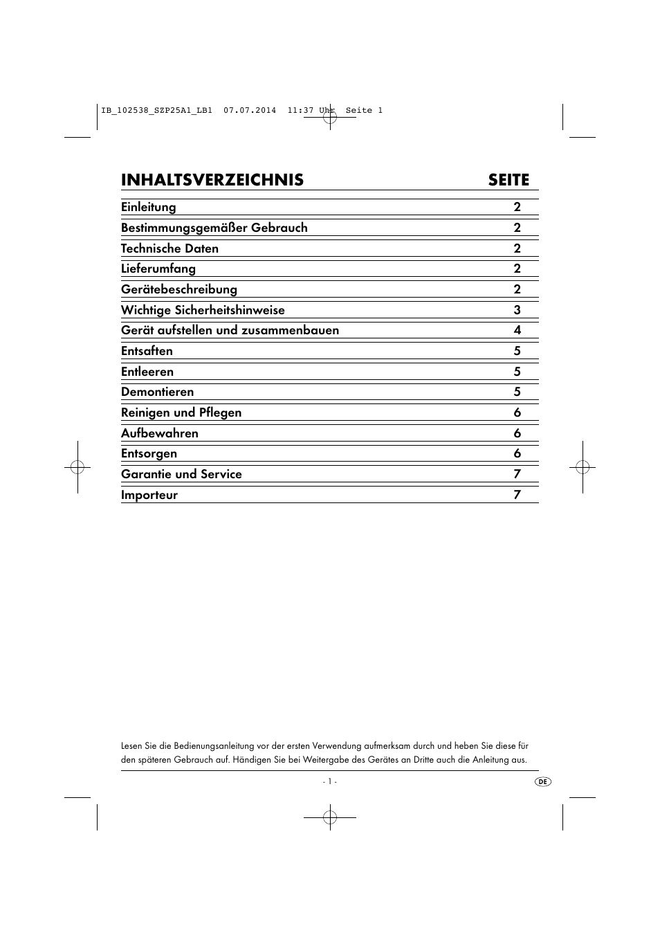 Inhaltsverzeichnis seite | Silvercrest SZP 25 A1 User Manual | Page 4 / 35