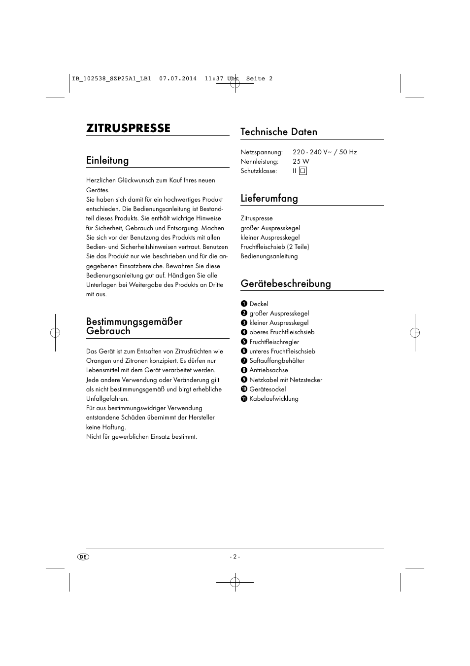 Zitruspresse, Einleitung, Bestimmungsgemäßer gebrauch | Technische daten, Lieferumfang, Gerätebeschreibung | Silvercrest SZP 25 A1 User Manual | Page 5 / 35