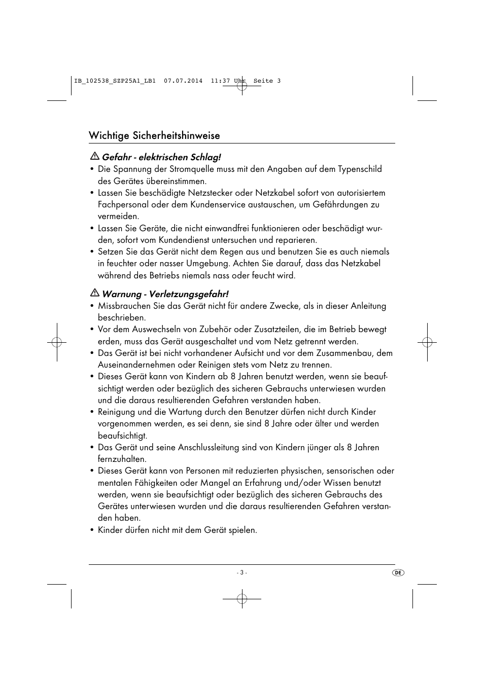 Wichtige sicherheitshinweise | Silvercrest SZP 25 A1 User Manual | Page 6 / 35