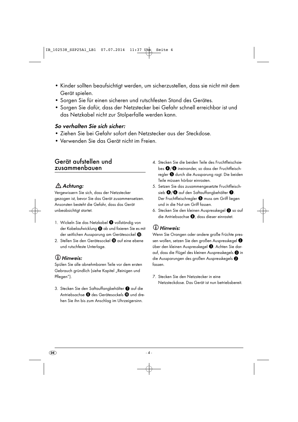 Gerät aufstellen und zusammenbauen | Silvercrest SZP 25 A1 User Manual | Page 7 / 35