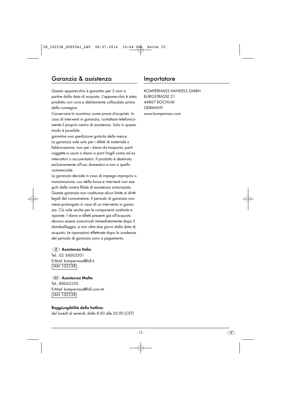 Garanzia & assistenza, Importatore | Silvercrest SZP 25 A1 User Manual | Page 18 / 43