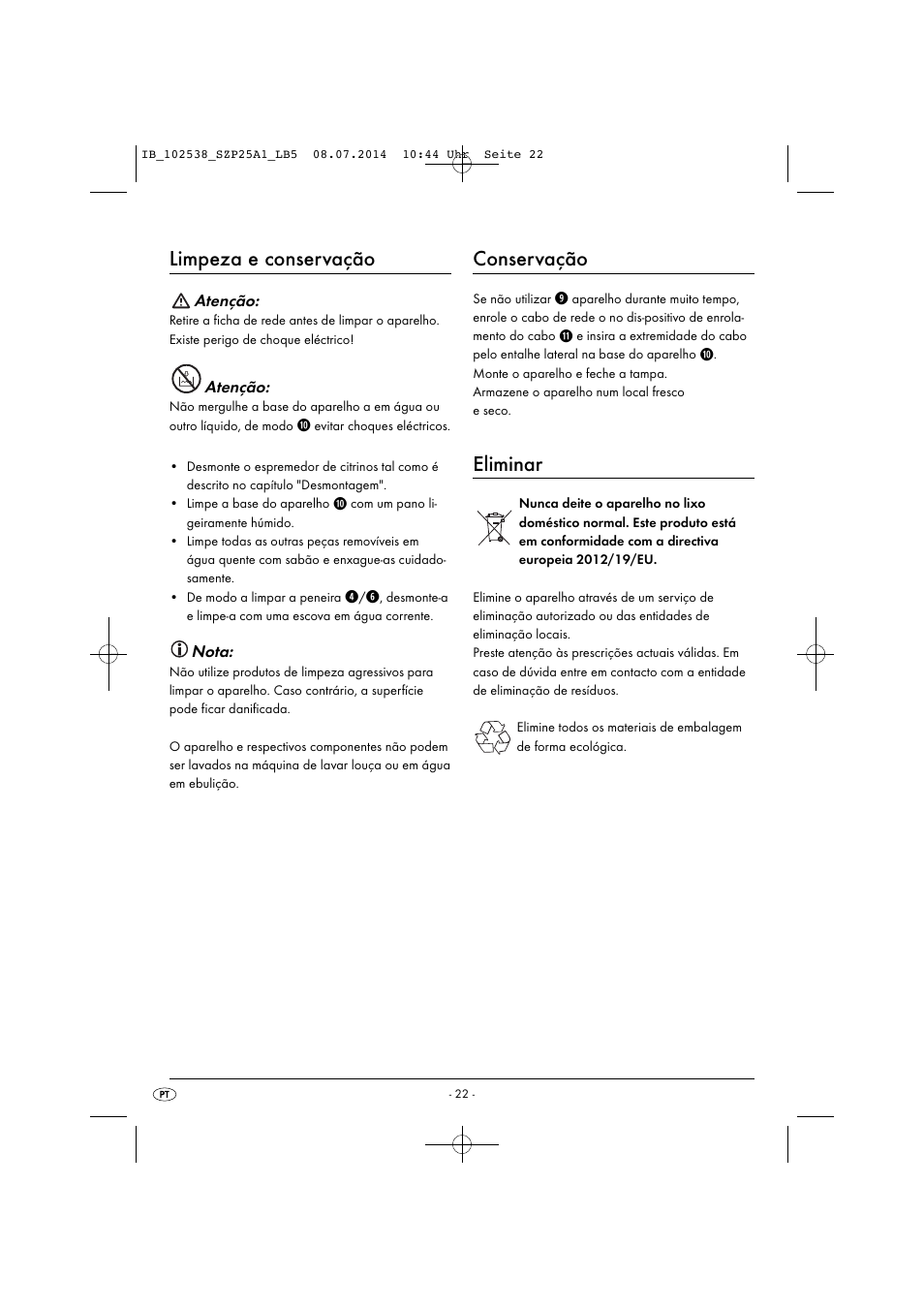 Limpeza e conservação, Conservação, Eliminar | Silvercrest SZP 25 A1 User Manual | Page 25 / 43