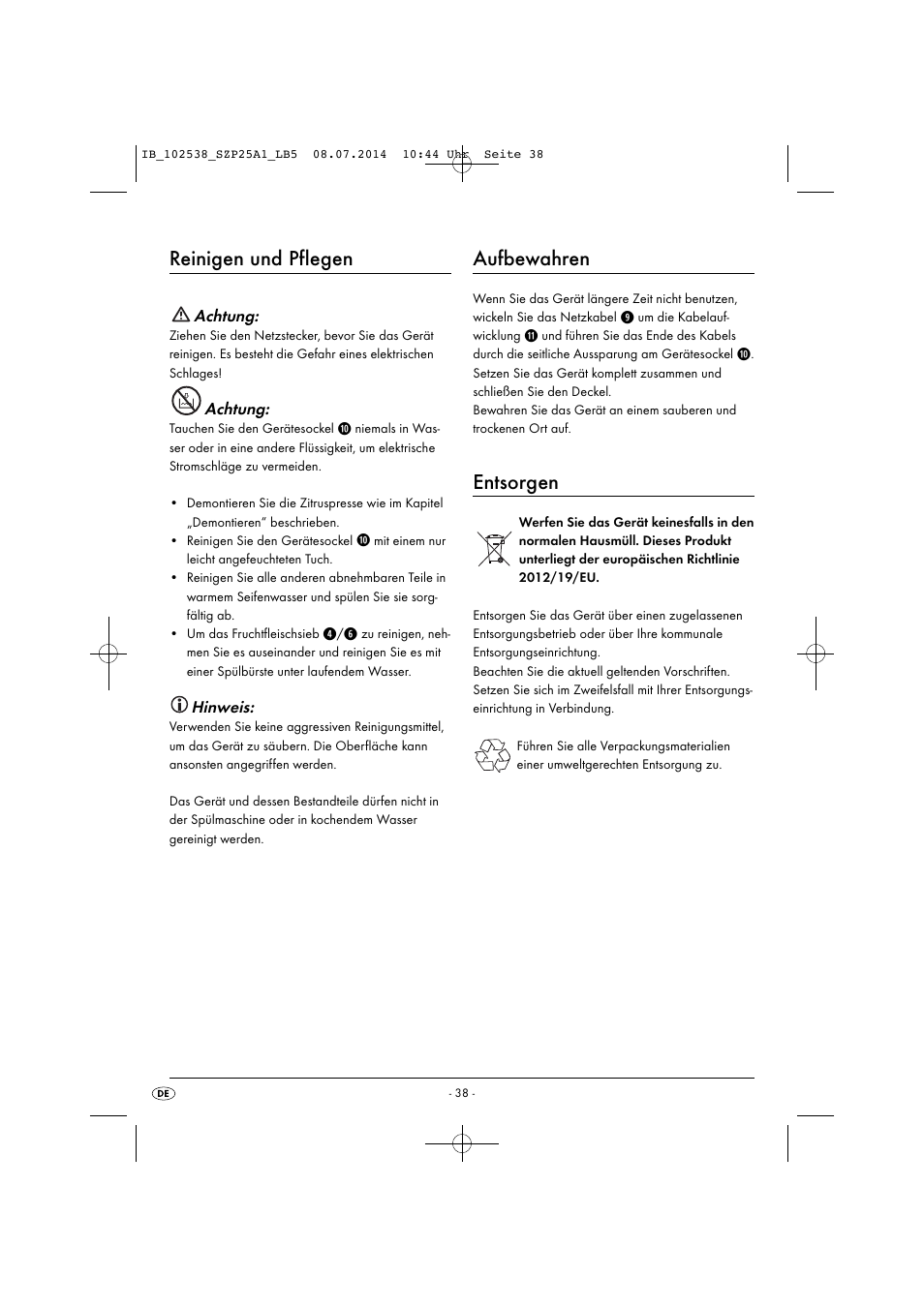 Reinigen und pflegen, Aufbewahren, Entsorgen | Silvercrest SZP 25 A1 User Manual | Page 41 / 43