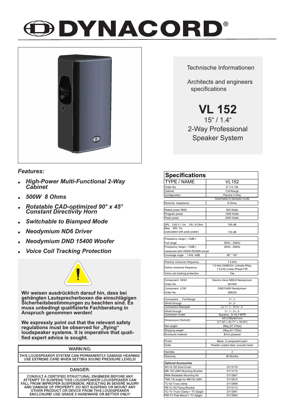 Dynacord VL 152 User Manual | 6 pages