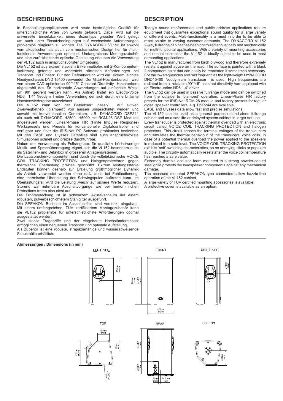 Beschreibung, Description | Dynacord VL 152 User Manual | Page 2 / 6
