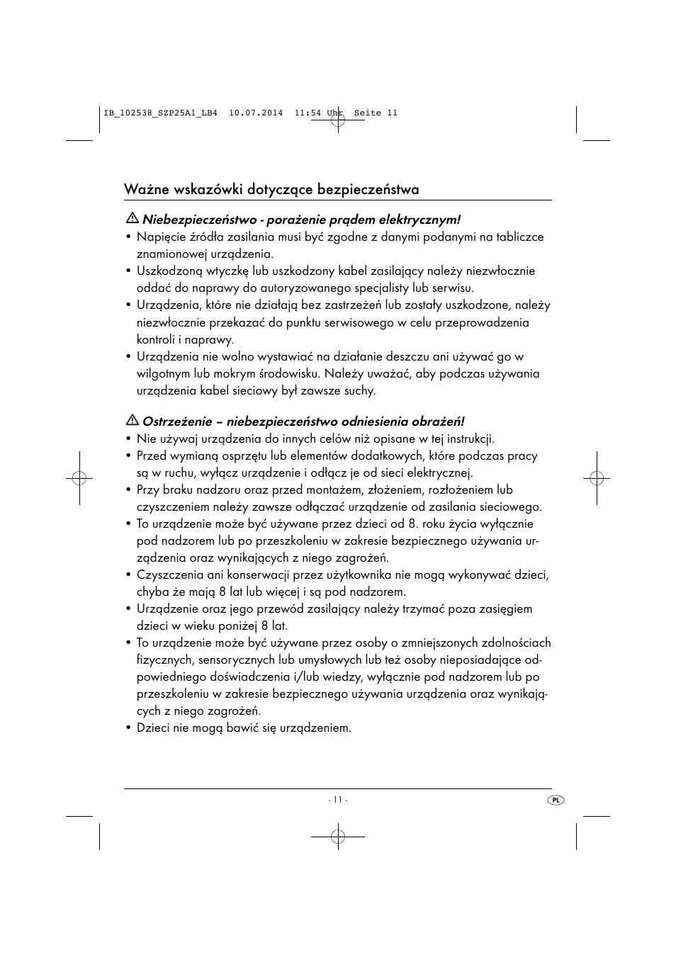 Ważne wskazówki dotyczące bezpieczeństwa | Silvercrest SZP 25 A1 User Manual | Page 14 / 51