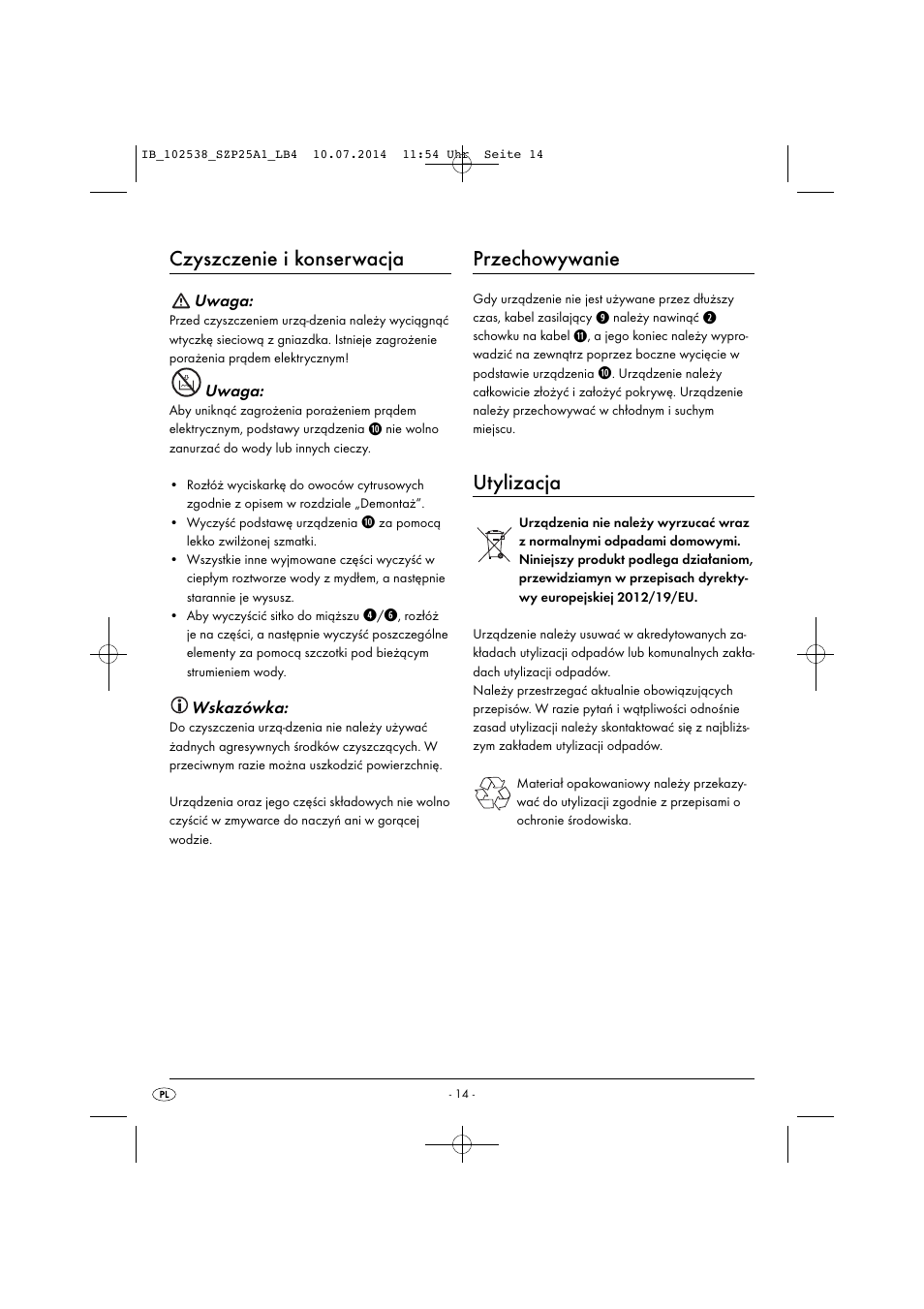 Czyszczenie i konserwacja, Przechowywanie, Utylizacja | Silvercrest SZP 25 A1 User Manual | Page 17 / 51