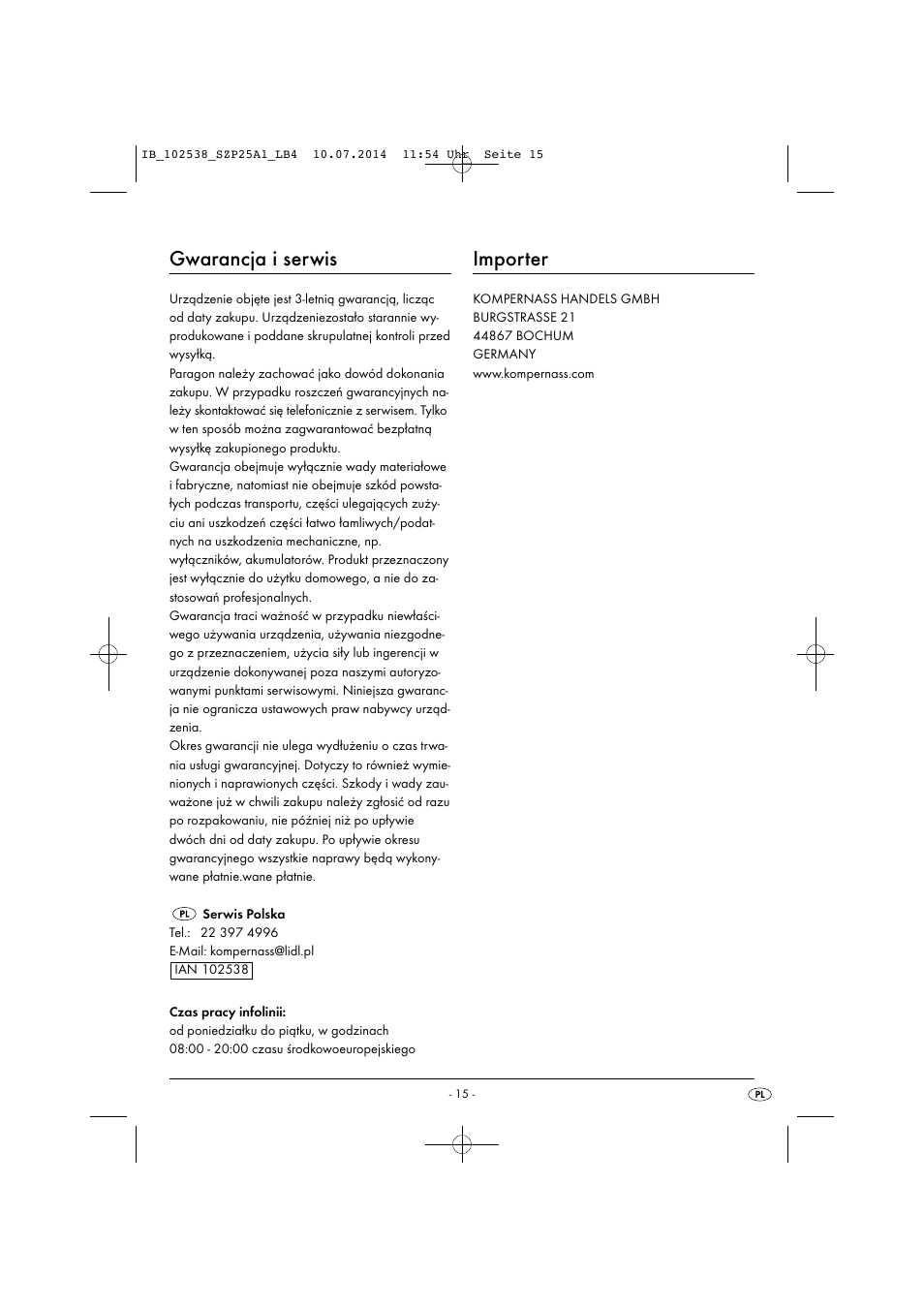 Gwarancja i serwis, Importer | Silvercrest SZP 25 A1 User Manual | Page 18 / 51