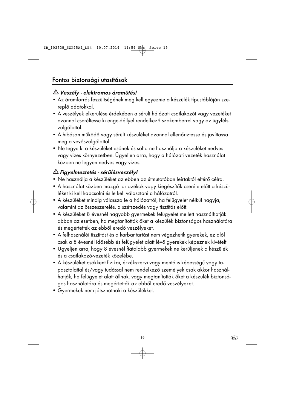 Fontos biztonsági utasítások | Silvercrest SZP 25 A1 User Manual | Page 22 / 51