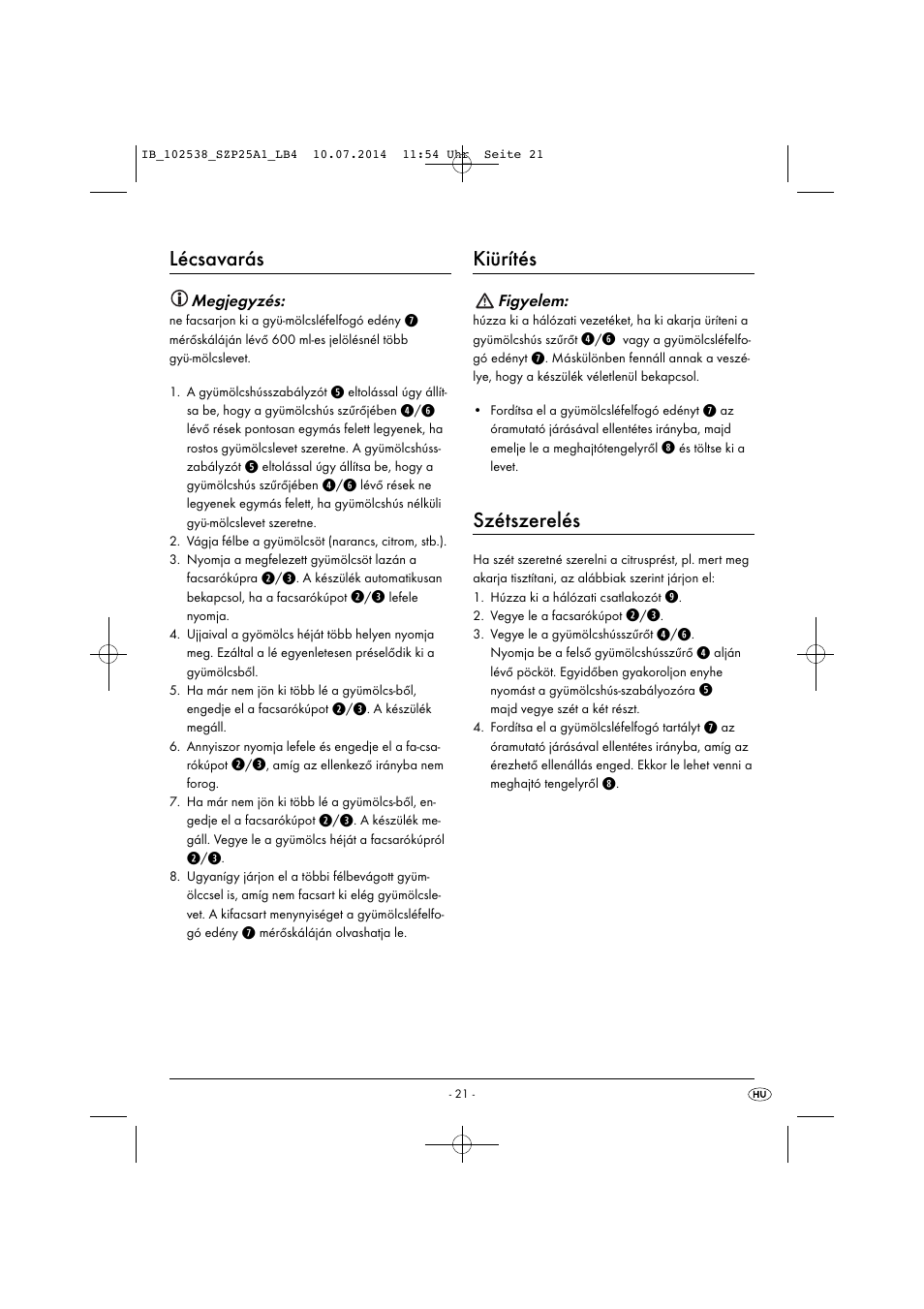 Lécsavarás, Kiürítés, Szétszerelés | Silvercrest SZP 25 A1 User Manual | Page 24 / 51