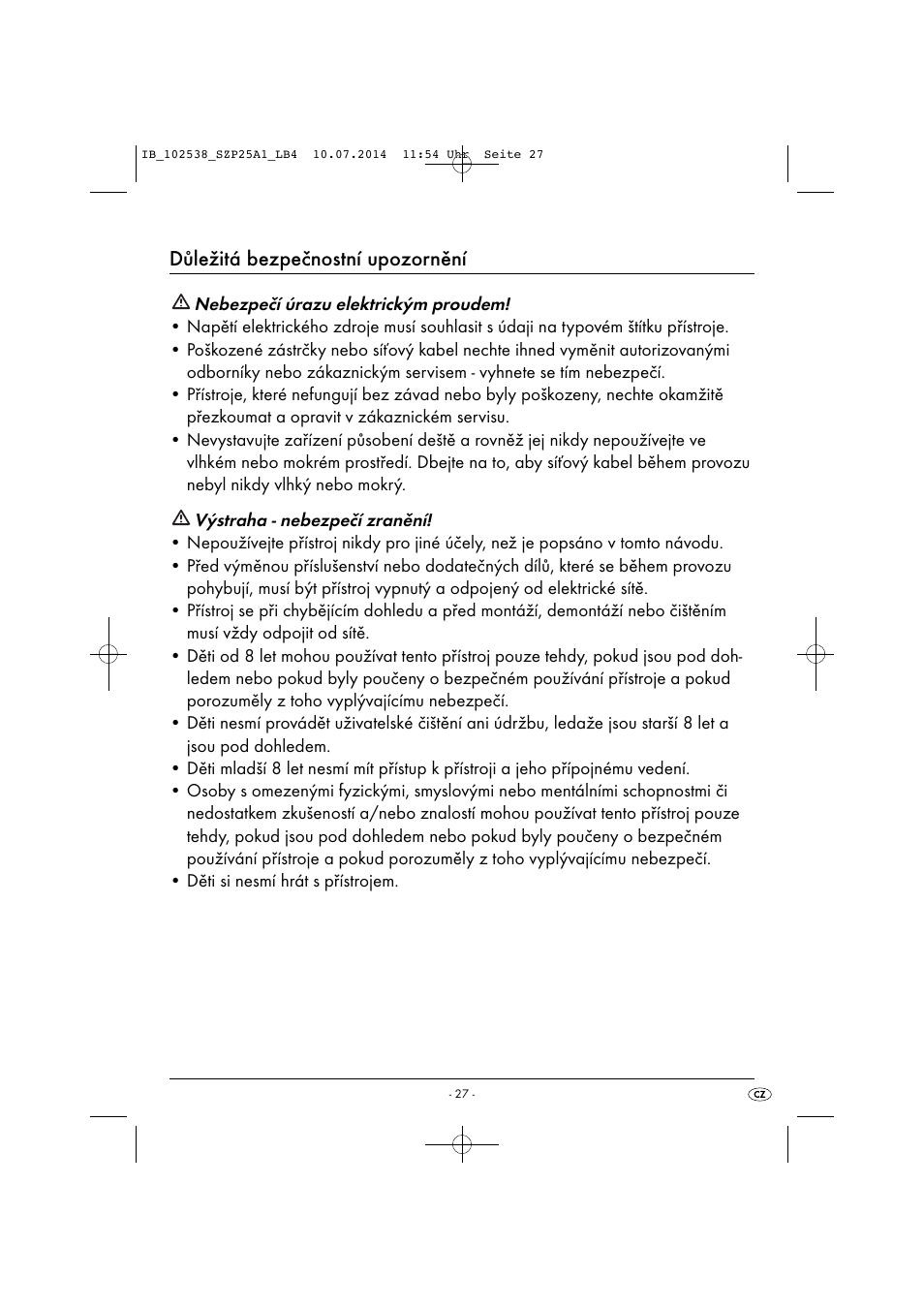 Důležitá bezpečnostní upozornění | Silvercrest SZP 25 A1 User Manual | Page 30 / 51