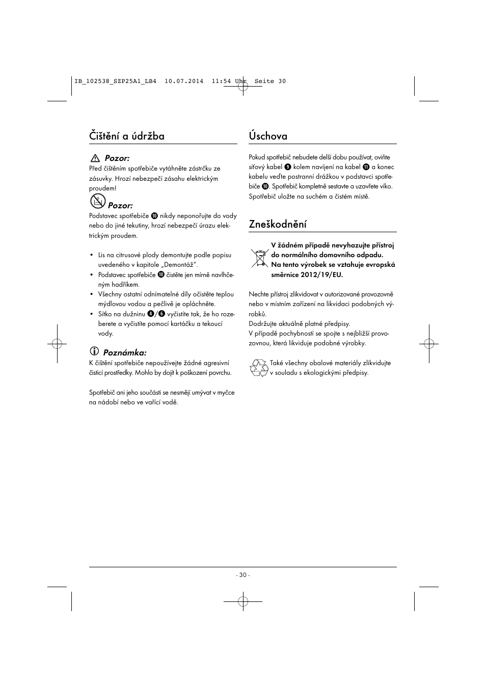 Čištění a údržba, Úschova, Zneškodnění | Silvercrest SZP 25 A1 User Manual | Page 33 / 51