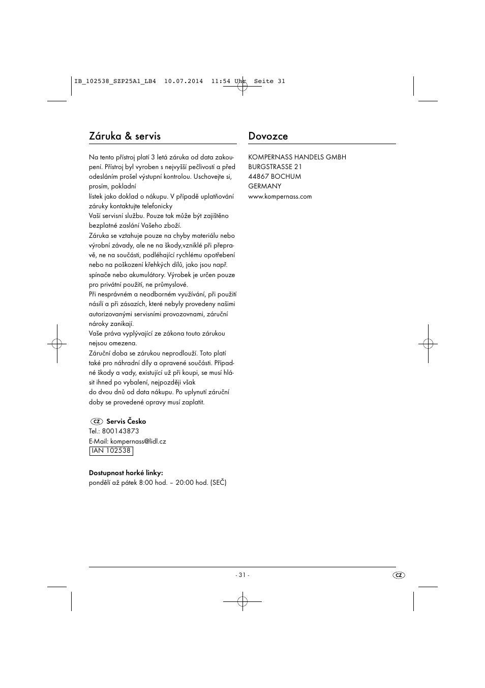 Záruka & servis, Dovozce | Silvercrest SZP 25 A1 User Manual | Page 34 / 51