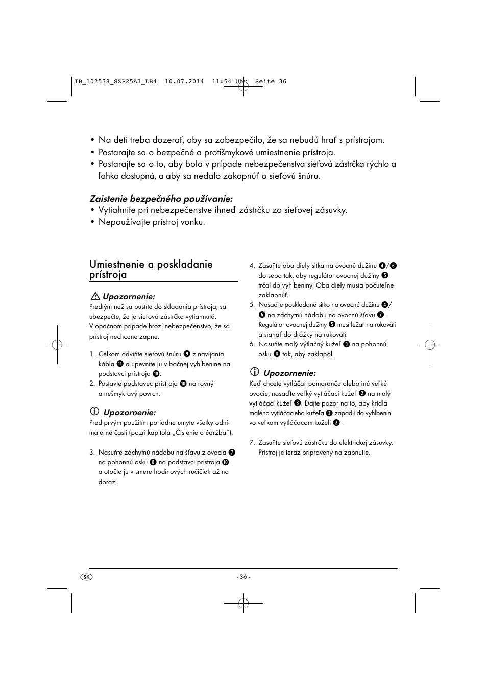 Umiestnenie a poskladanie prístroja | Silvercrest SZP 25 A1 User Manual | Page 39 / 51