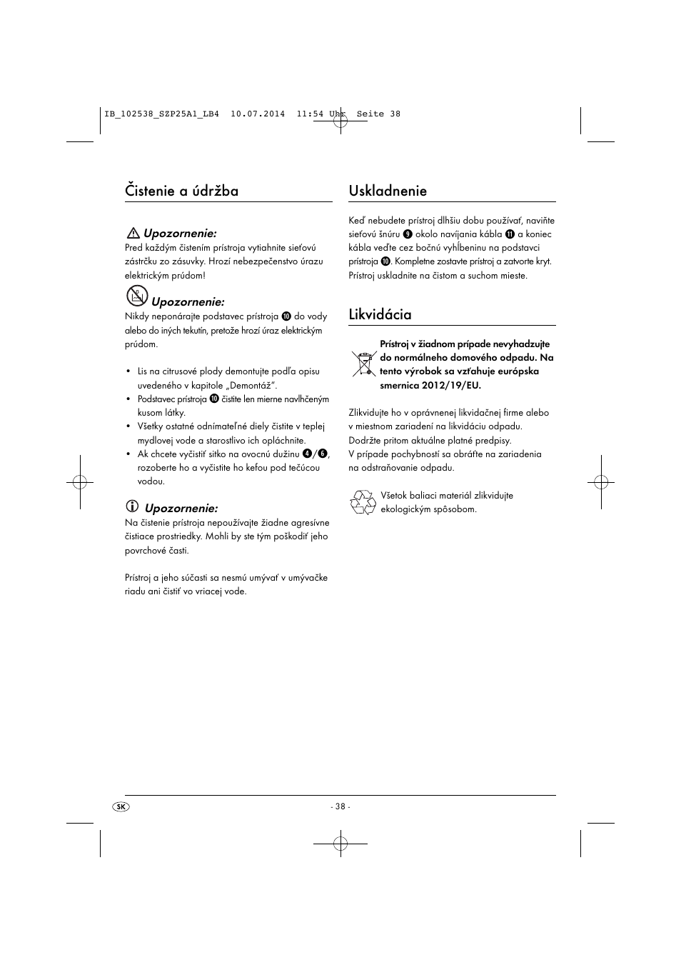 Čistenie a údržba, Uskladnenie, Likvidácia | Silvercrest SZP 25 A1 User Manual | Page 41 / 51