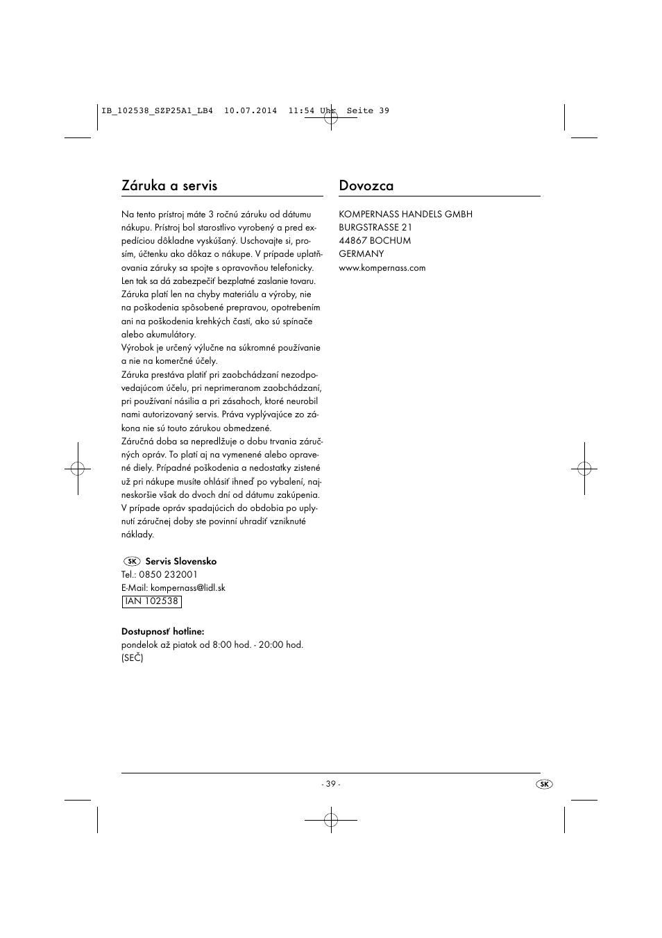Záruka a servis, Dovozca | Silvercrest SZP 25 A1 User Manual | Page 42 / 51