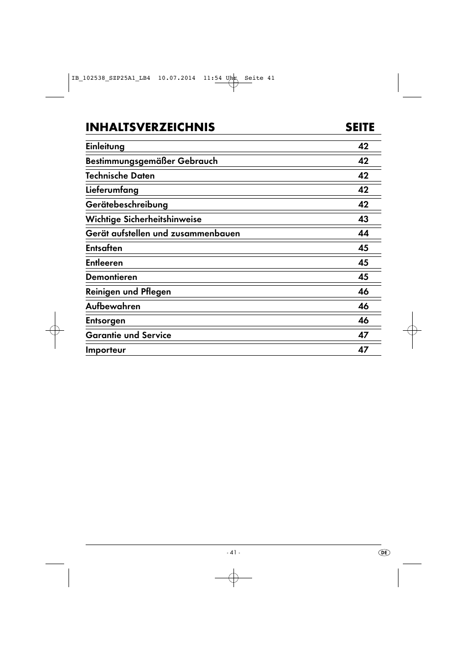 Inhaltsverzeichnis seite | Silvercrest SZP 25 A1 User Manual | Page 44 / 51