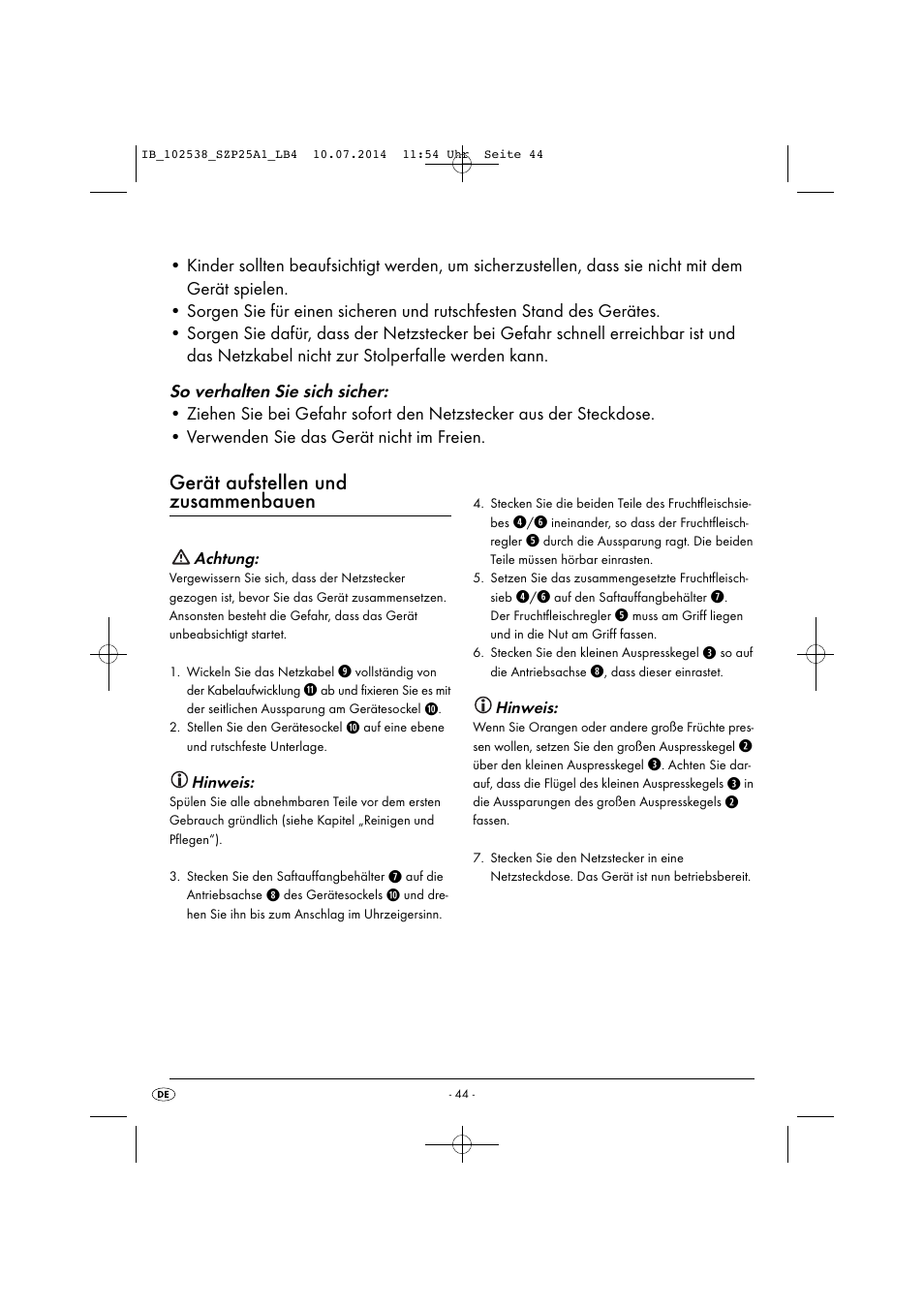 Gerät aufstellen und zusammenbauen | Silvercrest SZP 25 A1 User Manual | Page 47 / 51