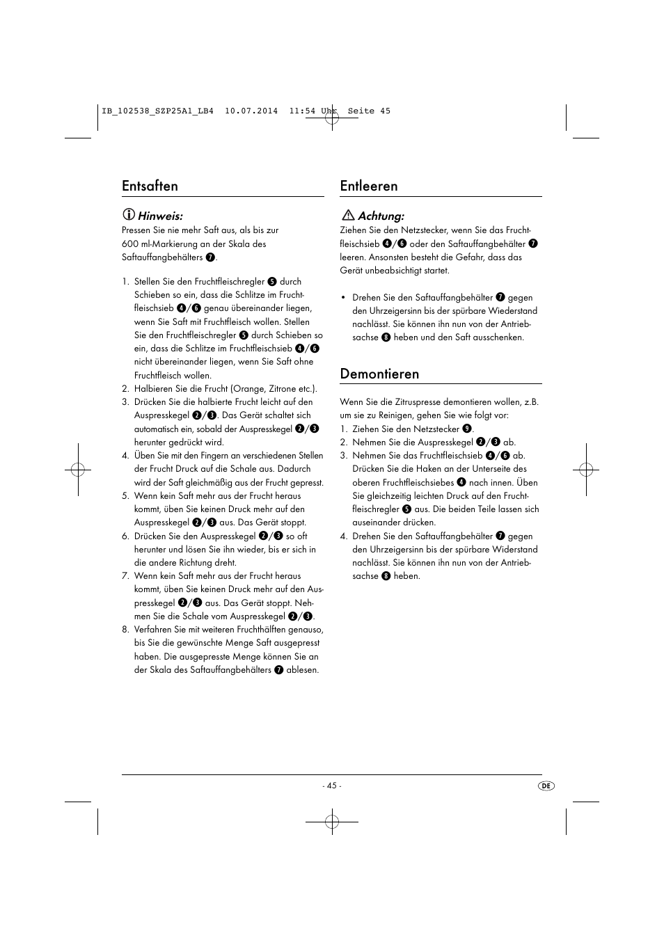 Entsaften, Entleeren, Demontieren | Silvercrest SZP 25 A1 User Manual | Page 48 / 51