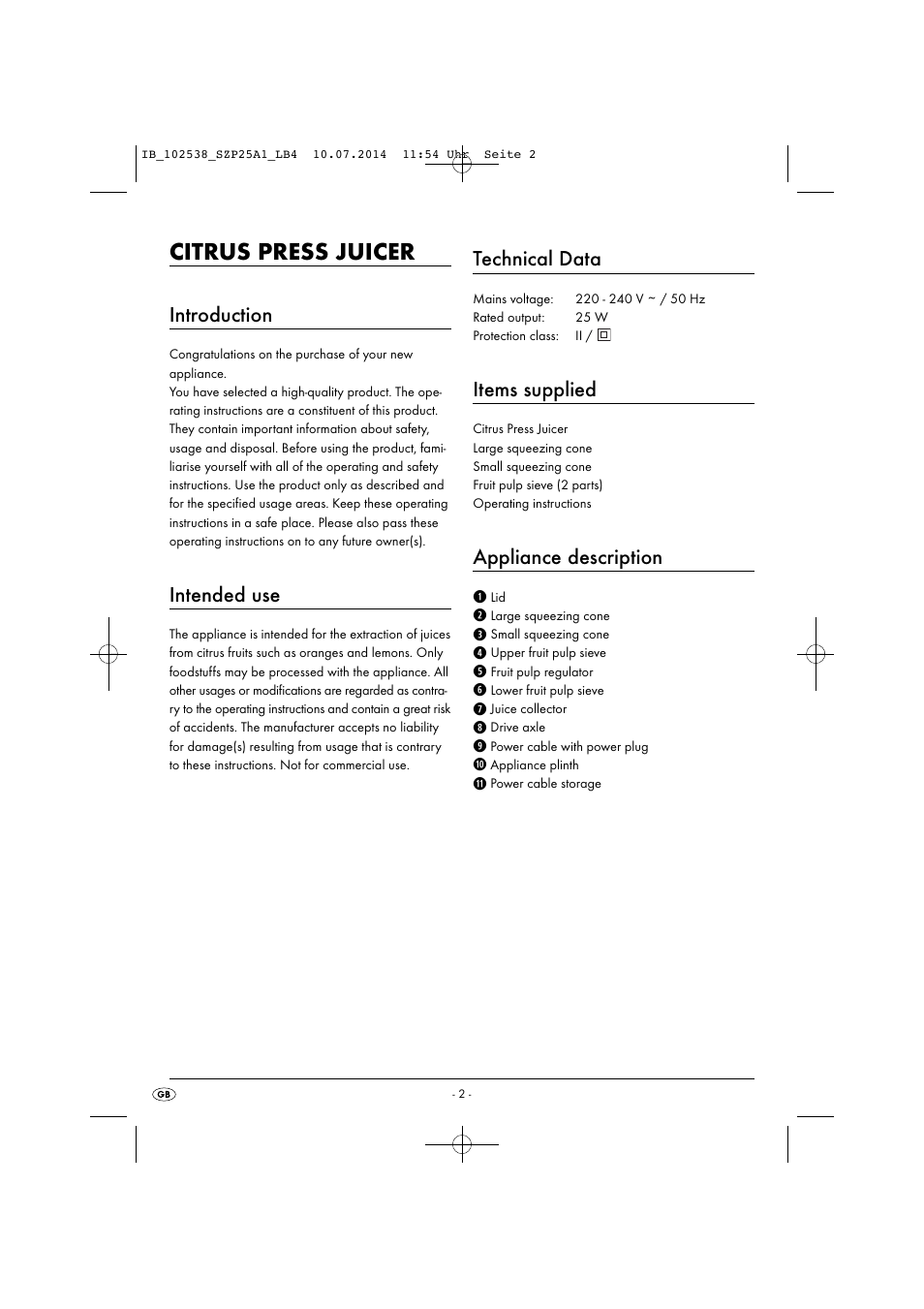 Citrus press juicer, Introduction, Intended use | Technical data, Items supplied, Appliance description | Silvercrest SZP 25 A1 User Manual | Page 5 / 51