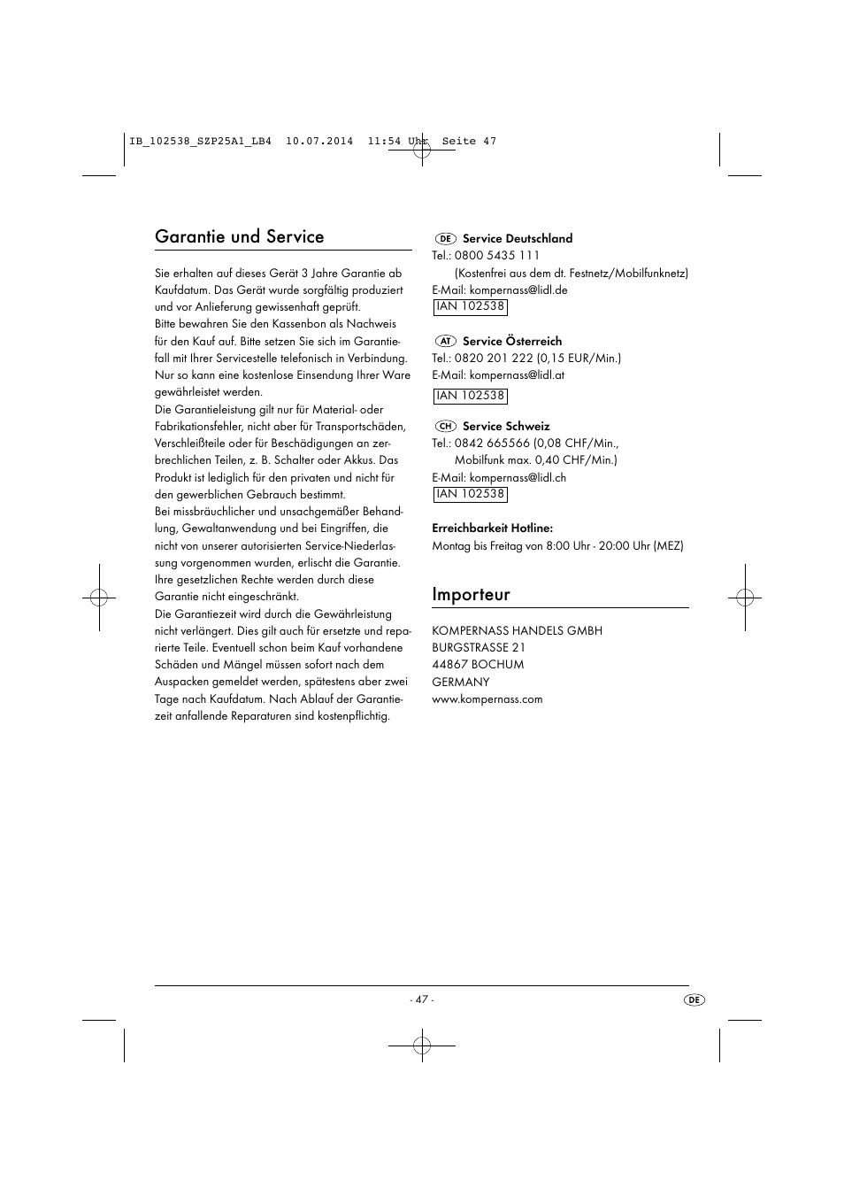 Garantie und service, Importeur | Silvercrest SZP 25 A1 User Manual | Page 50 / 51
