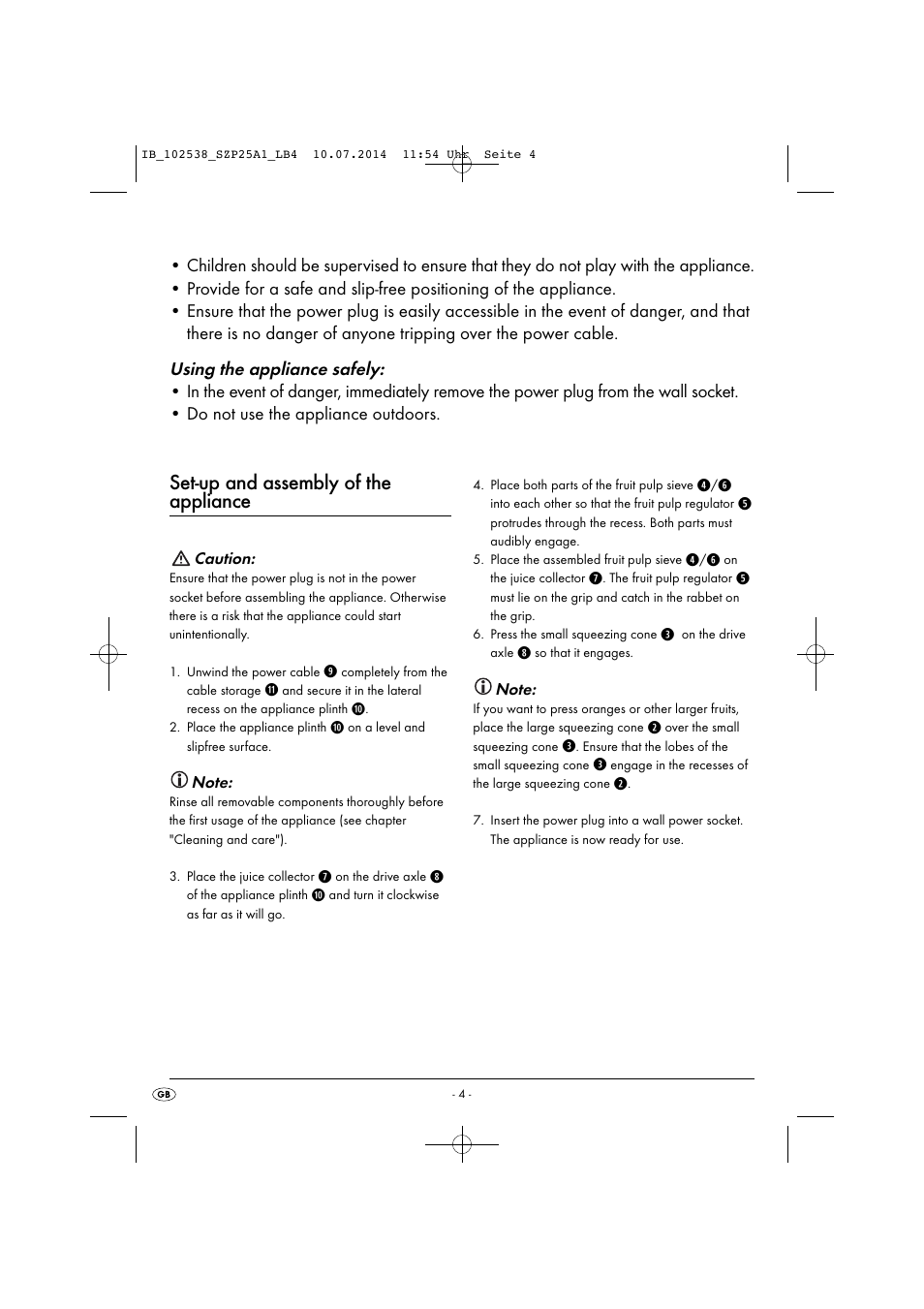 Set-up and assembly of the appliance | Silvercrest SZP 25 A1 User Manual | Page 7 / 51