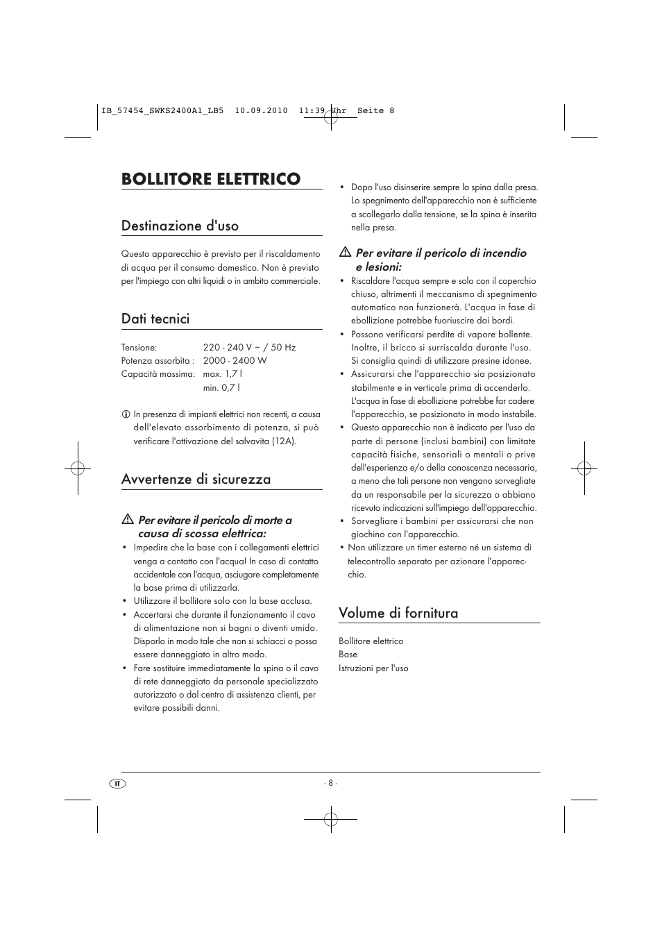 Bollitore elettrico, Destinazione d'uso, Dati tecnici | Avvertenze di sicurezza, Volume di fornitura | Silvercrest SWKS 2400 A1 User Manual | Page 10 / 31