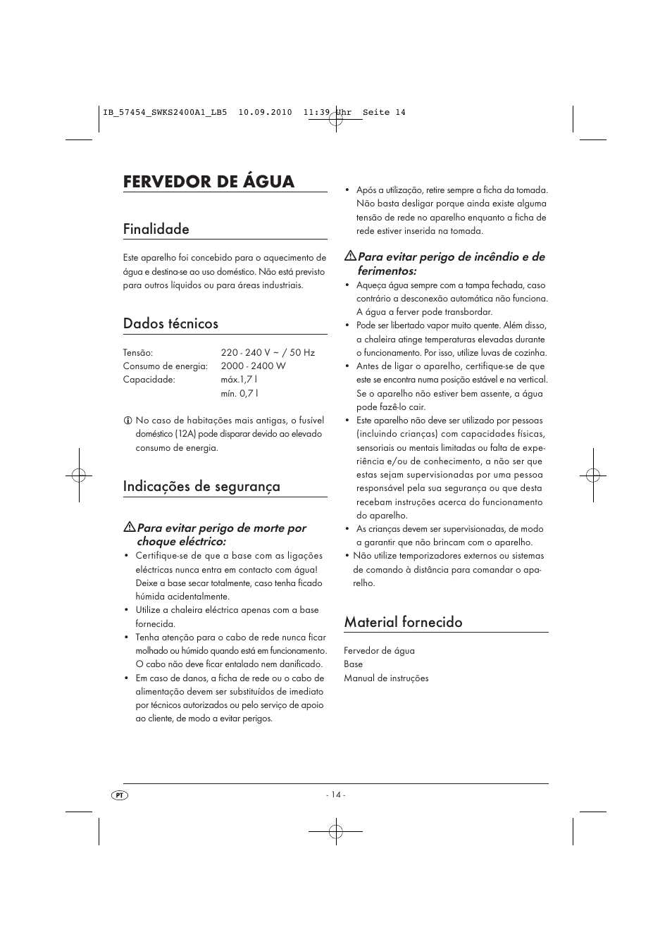 Fervedor de água, Finalidade, Dados técnicos | Indicações de segurança, Material fornecido | Silvercrest SWKS 2400 A1 User Manual | Page 16 / 31