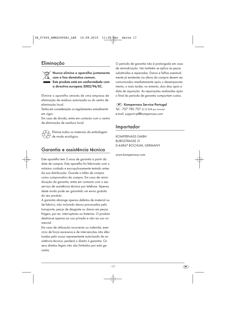 Eliminação, Garantia e assistência técnica, Importador | Silvercrest SWKS 2400 A1 User Manual | Page 19 / 31