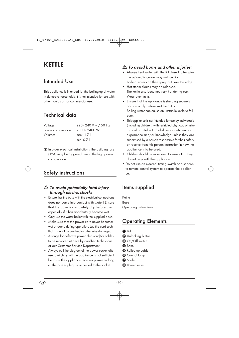 Kettle, Intended use, Technical data | Safety instructions, Items supplied, Operating elements | Silvercrest SWKS 2400 A1 User Manual | Page 22 / 31