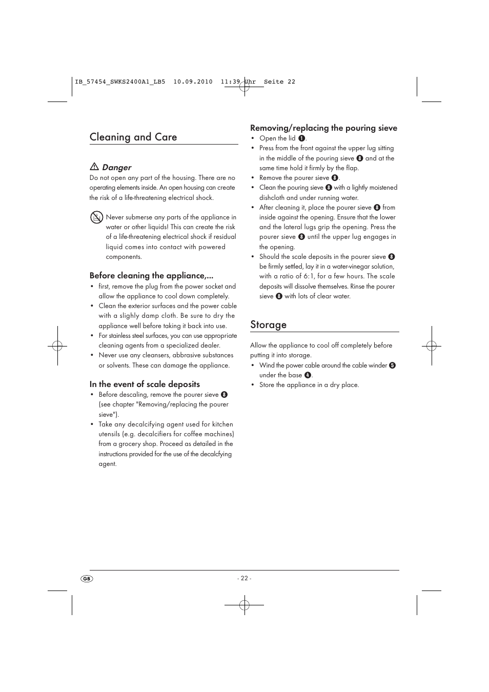 Cleaning and care, Storage, Danger | Before cleaning the appliance, Removing/replacing the pouring sieve | Silvercrest SWKS 2400 A1 User Manual | Page 24 / 31